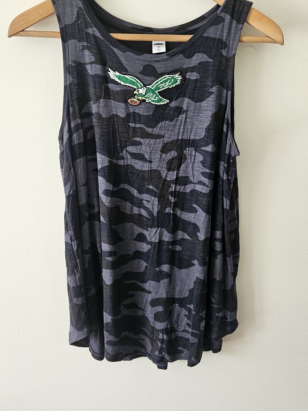 Old Navy Black & Gray Camo Tank with Green Eagle Patch